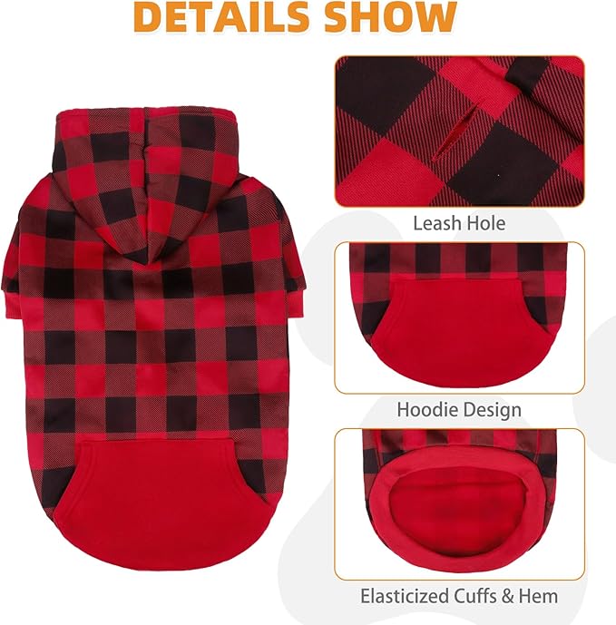 KOOLTAIL Plaid Dog Hoodie Pet Clothes Sweater with Hat and Pocket for Small Medium Large Size Dogs, Soft Winter Warm Dog Cold Weather Coat, Fleece Fall Dog Hooded Sweatshirt for Puppy Cats, Red M