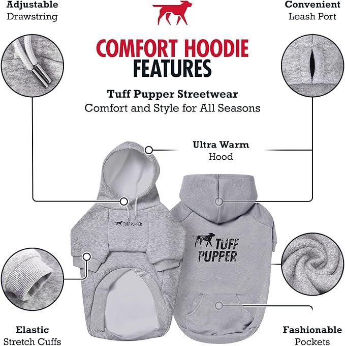 Tuff Pupper Dog Hoodie | Premium Quality 100% Organic Cotton | Ultra Soft Interior for Superior Comfort | Elastic Cuffs & Drawstring for Warmth | Stretch Fit Suitable for All Breeds (Gray, M)