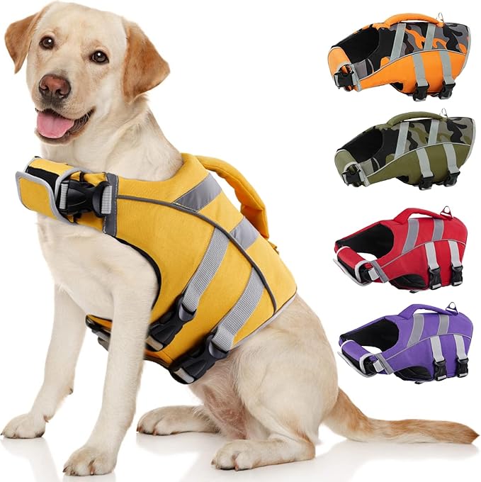 Kuoser Dog Life Jacket with Reflective Stripes, Adjustable High Visibility Vest Ripstop Lifesaver Pet Preserver Flotation Swimsuit for Small Medium and Large Dogs