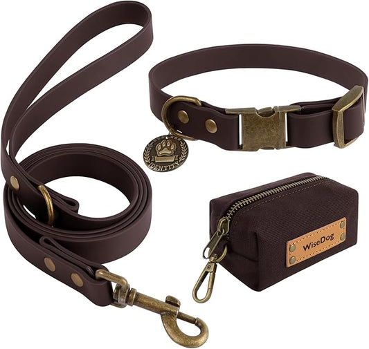 Wisedog Dog Collar and Leash Set, Waterproof Adjustable Puppy Collars with Cute Tag 6FT Dog Leash with Poop Bag for Small Medium Large Dogs (L(Collar:14"-22";Leash:5 ft), Brown)