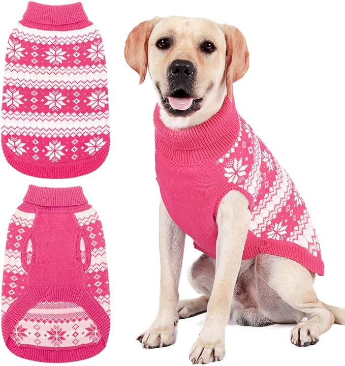 KOOLTAIL Cable Knit Dog Sweater Turtleneck, Cold Weather Pullover Classic Knitwear, Snowflake Pattern Thick Warm Winter Pet Clothes,Dog Christmas Sweater for Small Medium Large Dogs,Pink XL
