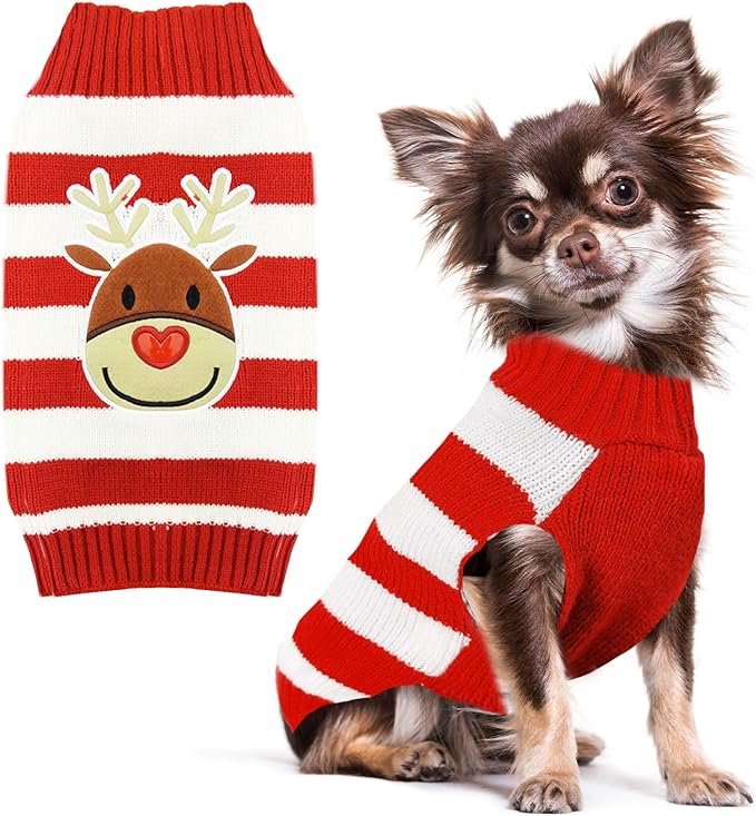 PETCARE Reindeer Christmas Dog Sweater Red Striped Cat Sweater Cartoon Elk Pet Vest Holiday Dog Clothes Puppy Sweaters for Small Medium Large Dogs Cats Fall Winter Outfits Xmas Dogs Costume,Medium