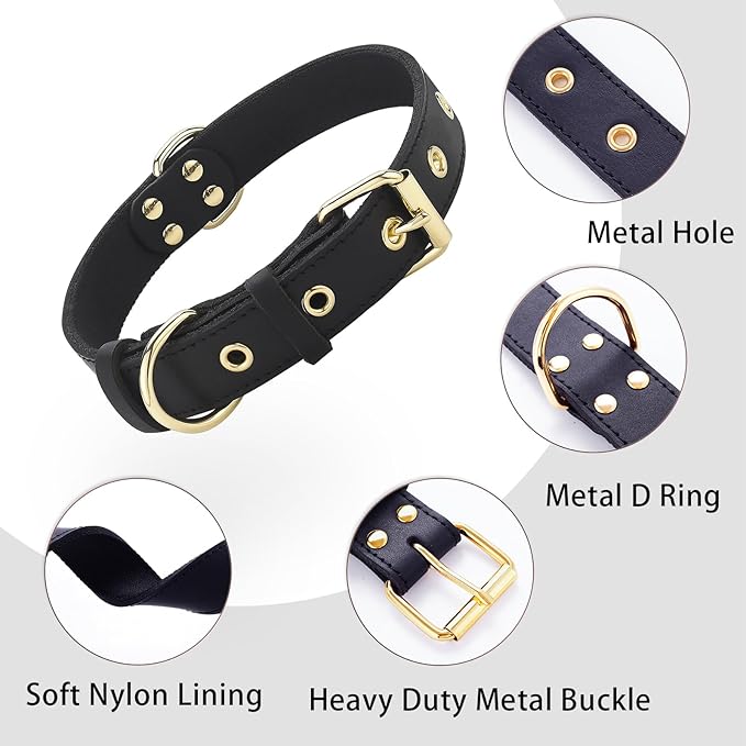 Dog Collar, Leather Dog Collar with Adjustable Sturdy Metal Buckle,Heavy Duty Dog Collar for Walking, Hiking, Training, Hunting (Black,M:16.2"-22" Neck)