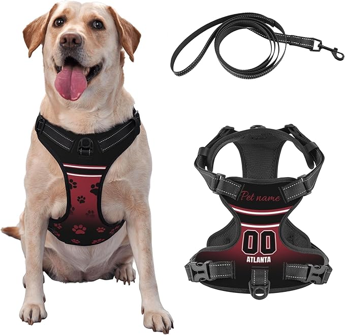Custom Atlanta Dog Harness with Reflective Stripes Personalized Name and Number Dog Vest Harness with Pet Traction Rope for Small Medium Large Dog