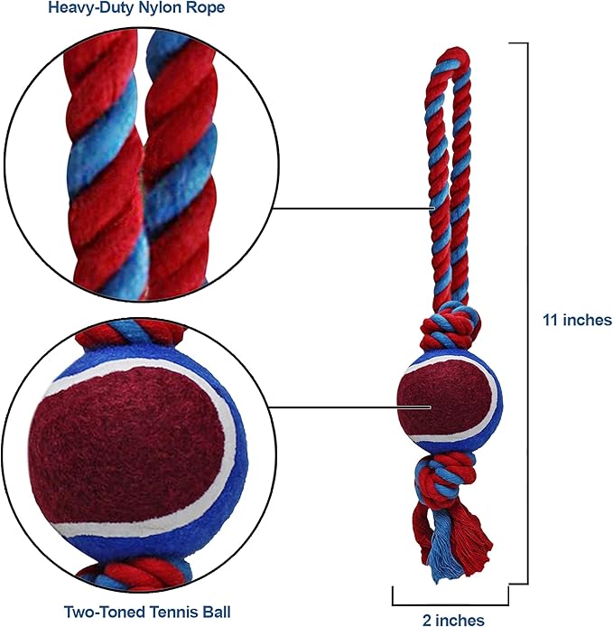 Dog Rope Toy with Tennis Ball, Nylon Ropes with Balls, Fun Tug of War Toys for Dogs, Tough Pet Toy for Aggressive Chewers, Eskimo, Terrier, Beagle and More(1 Rope Dog Toy Blue Ball FBA)
