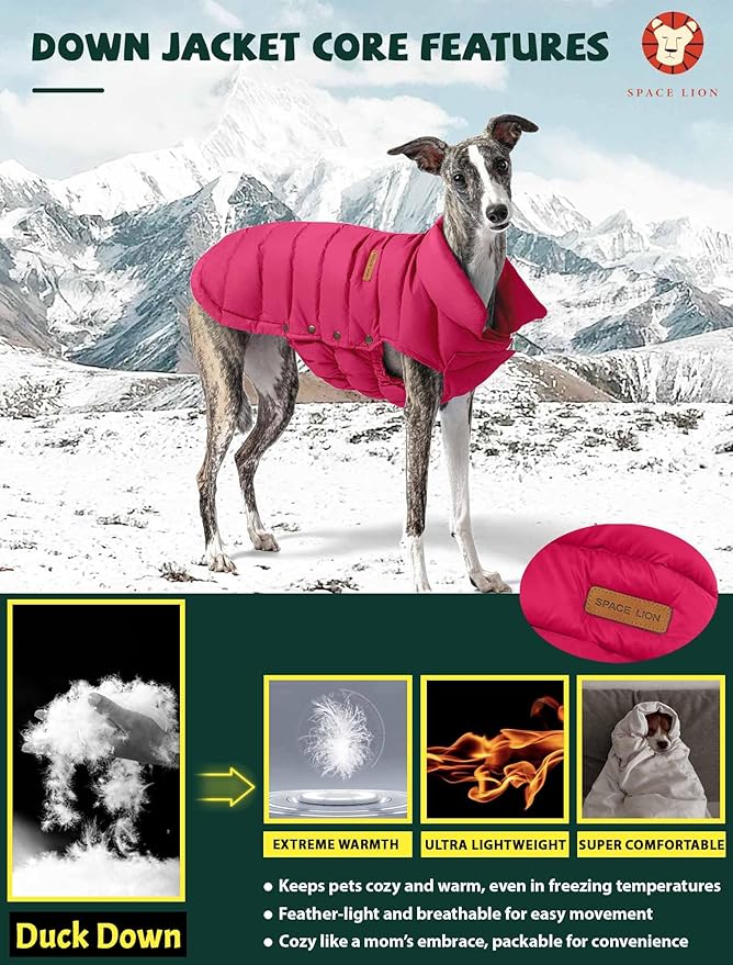 SPACE LION Dog Puffer Jacket, Down Winter Coat, Durable Outdoor Coat for Cold and Windy Conditions, Waterproof, Lightweight Jacket, Adjustable Fit for Small, Medium, Large Dogs(Red,28/4XL)