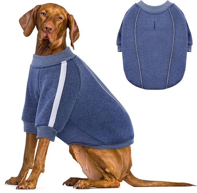 Queenmore Fleece Dog Sweater for Male Dogs, Soft Pullover Dog Sweatshirt with Leash Hole/Reflective Stripes – Cozy Winter Fleece Jacket for Small Medium Large Boy Puppy, Blue XXL