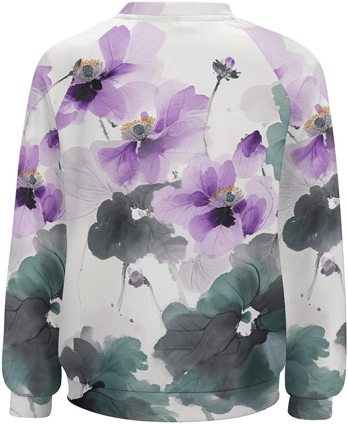 Womens Long Sleeve Tops Y2k Japanese Art Print Sweatshirts Fall Pullover for Women Crewneck Vintage Shirts Boho Tops