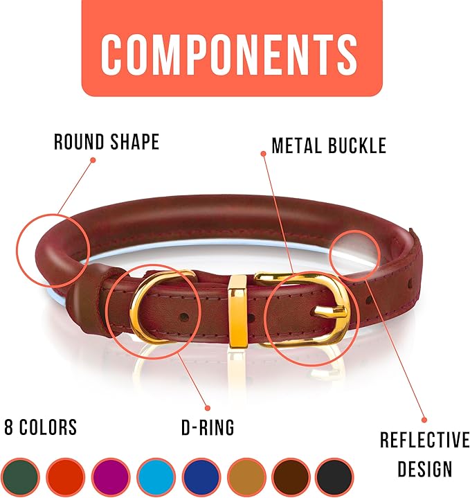 OOPSDOGGY Reflective Rolled Leather Dog Collar Adjustable Soft Padded Pet Collar for Small Medium Large Breed Dogs (Brown, S, 10"-13")