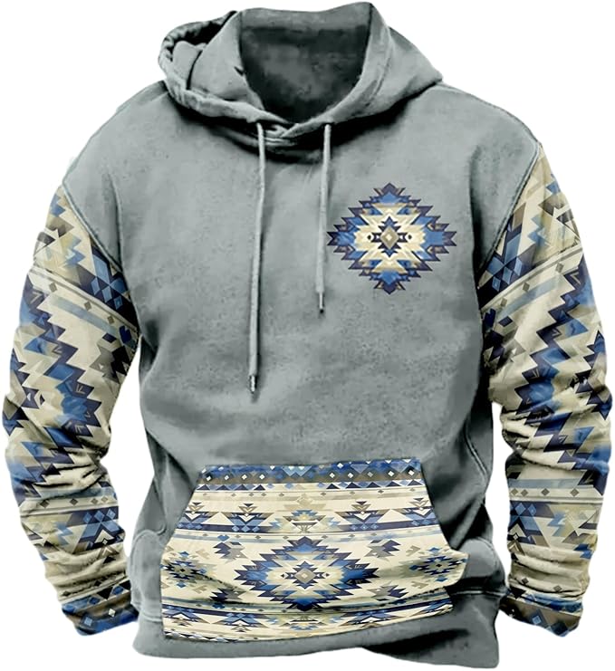 HOTYD Mens Western Aztec Sweatshirts Long Sleeve Fall Fashion Drawstring Pullover Vintage Graphic Cowboy Hoodie for Men