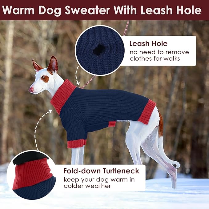 XXL Dog Sweater with Leash Hole, Stretchy Turtleneck Sweaters for Dogs Large Girl Boy, Cold Weather Fleece Pullover Fall Winter, Warm Christmas Clothes for Pitbulls, Labrador, NavyBlue 2XL