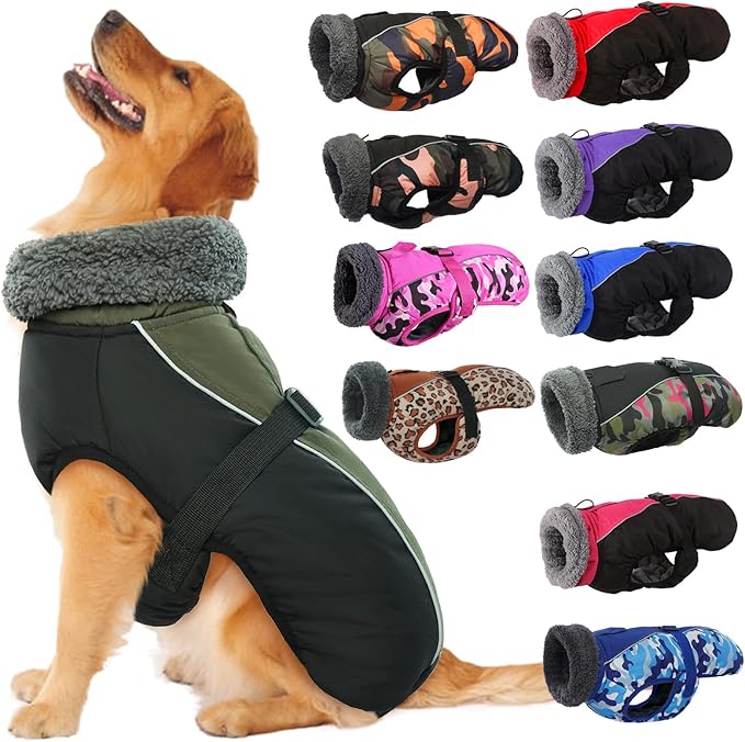 IECOii Extra Warm Dog Coat Reflective Adjustable Jacket Winter with Buckle Fleece Turtleneck for Cold Weather Soft Small Medium Dogs, Army Green, XXX-Large