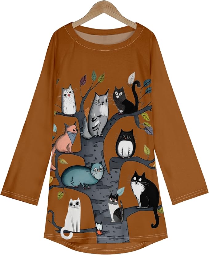 Womens Tunic Shirt Cute Cat Print Long Sleeve Round Neck Women T Shirts Cotton Casual Plus Size Vacation Tunics Tops