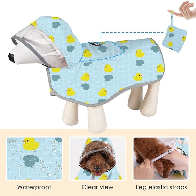 SlowTon Dog Raincoat, Adjustable Dog Rain Jacket Clear Hooded Double Layer, Waterproof Poncho with Reflective Strip Straps and Storage Pocket for Small Medium Large Dogs Puppies(DK XS)