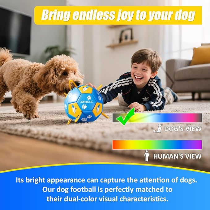 Size 2 Dog Soccer Ball with Straps Durable Training Ball for Pets Interactive Outdoor Dog Toy, Blue & Yellow, Paw Prints and Feather Design, for Small to Medium Puppies