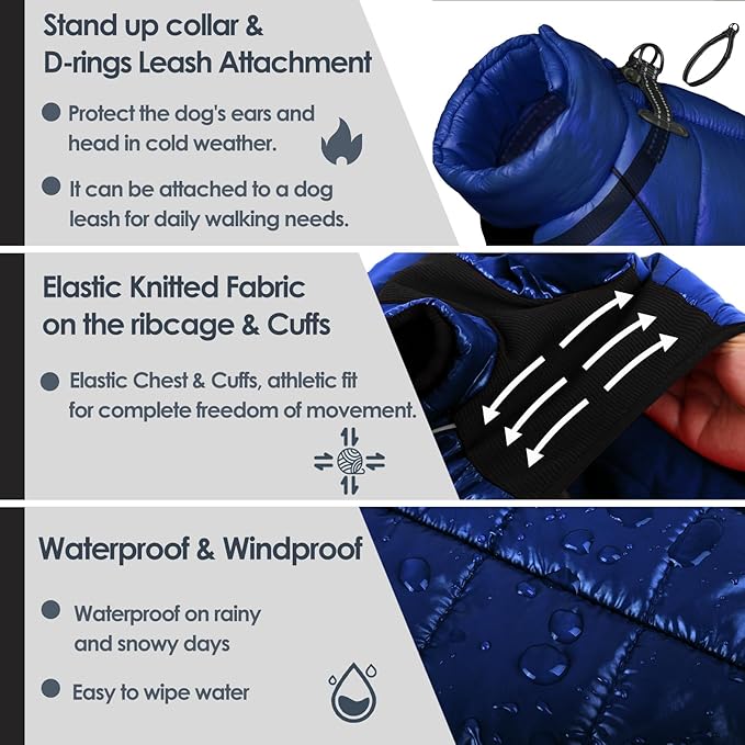 AOFITEE Dog Coat, Waterproof Dog Winter Jacket, Warm Fullbody Dogs Snowsuit, Winter Coat for Small Dogs, Zip Up Pet Puffer Jacket Fleece Vest, Outdoor Reflective Cold Weather Pet Coats, Blue L