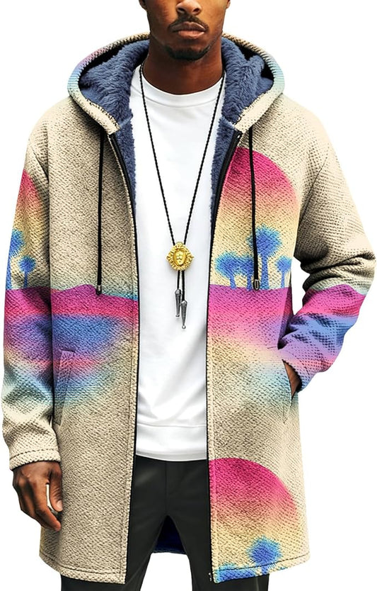 LIZALIG Long Hooded Cardigan Men Japanese Art Style Fashion Cool Graphic Coats Winter Warm Lined Fleece Jacket
