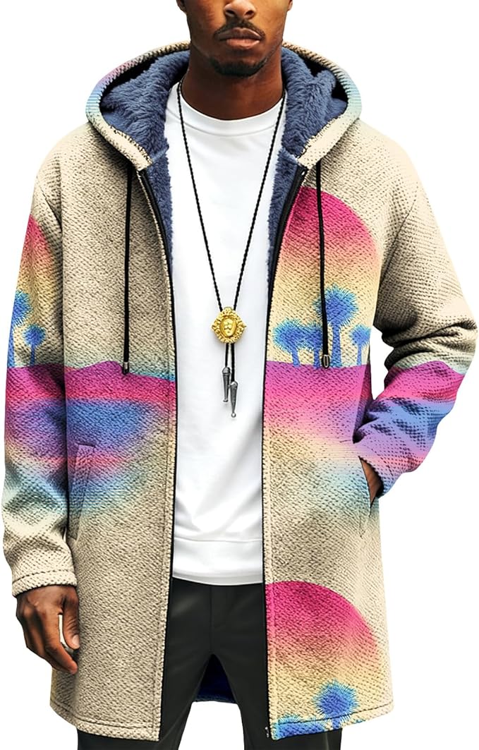 LIZALIG Long Hooded Cardigan Men Japanese Art Style Fashion Cool Graphic Coats Winter Warm Lined Fleece Jacket