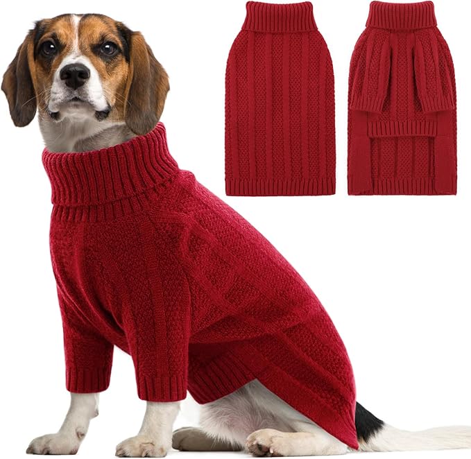 Queenmore Dog Sweater Large Size Dog, Large Dogs Sweater Xmas,Turtleneck Pullover Pet Sweaters for Dogs Girls Boys,Sweater Pet L,Thanksgiving Knitted Doggy Sweater for French Bulldog(Red,L)