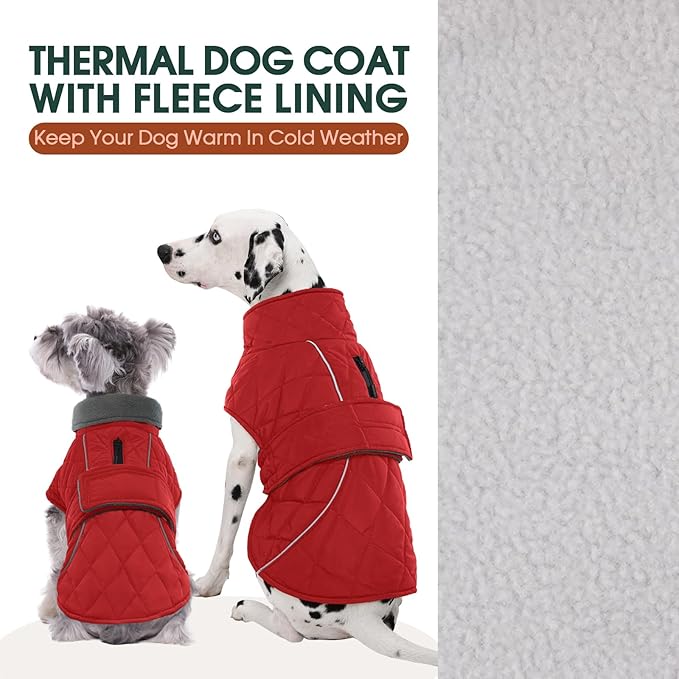 Kuoser Extra Warm Windproof Dog Cold Weather Coat, Fleece Lined Turtleneck Christmas Dog Jacket, Quilted Pet Winter Snowsuit Thermal Clothes with Reflective Adjustable Straps, Red L