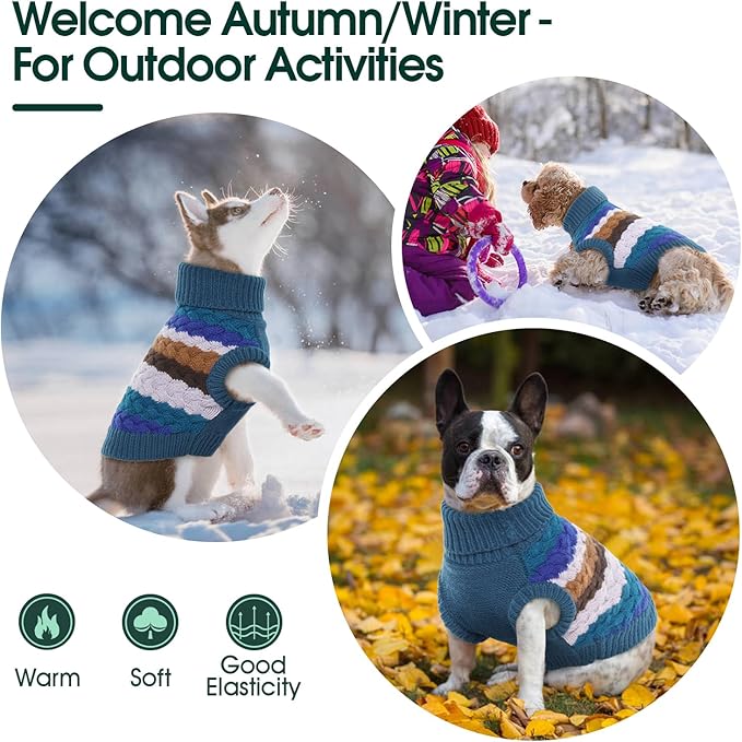 Kuoser Dog Sweater, Warm Dog Sweaters for Small Dogs Pet Christmas Clothing, Classic Cable Knitwear Cold Weather Thermal Pullover for Pug Dachshund Yorkie, Soft Puppy Turtleneck Sweatshirt, Blue S