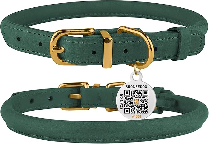 BronzeDog Rolled Leather Dog Collar with QR ID Tag, Adjustable Soft Round Collars for Small Medium Large Dogs Puppy (16" - 19" Neck Size, Emerald Green)