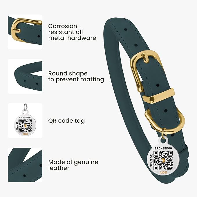 BronzeDog Rolled Leather Dog Collar with QR ID Tag, Adjustable Soft Round Collars for Small Medium Large Dogs Puppy (7" - 10" Neck Size, Denim)