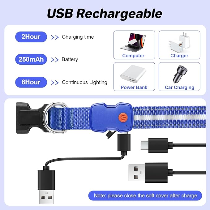 PcEoTllar Light Up Dog Collars, Led Dog Collar, Rechargeable, Night Walking, Waterproof, Glow in The Dark Dog Collars Light for Large Small Medium Dogs, Blue l