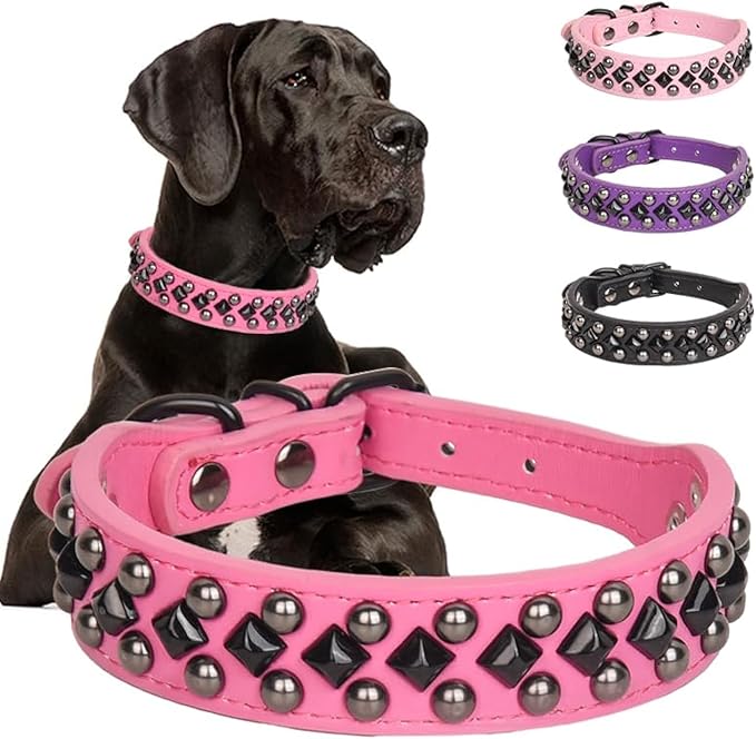 Serijoars Spiked Studded PU Leather Dog Collar for Small, Medium, Large Breeds, Pit Bull, Bully, Husky, Terrier, Adjustable (Hot Pink, L (41-47CM))