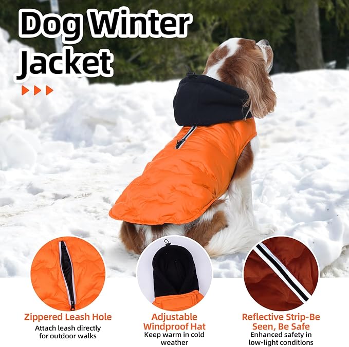 Nanaki Warm Dog Puffer Jacket With Hood-Soft Reflective Dog Coat For Medium Dogs Cold Weather,Lightweight Windproof Snowproof Puffer Vest For Outdoor Walking Hiking, Adjustable Snowsuit Easy On,Orange