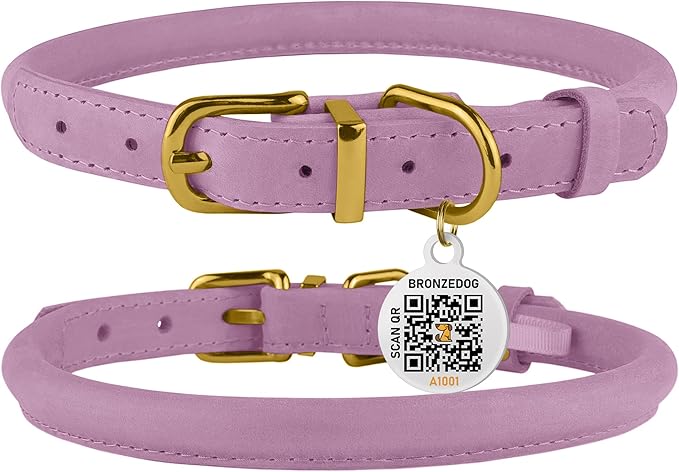 BronzeDog Rolled Leather Dog Collar with QR ID Tag, Adjustable Soft Round Collars for Small Medium Large Dogs Puppy (7" - 10" Neck Size, Lavender)