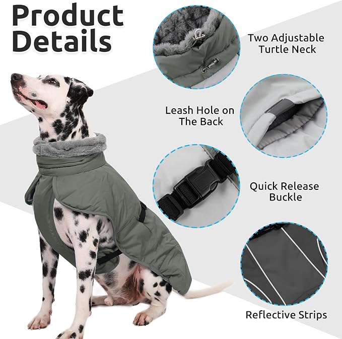 Queenmore Fleece Dogs Coats, Dog Jackets for Large Breeds, Windproof Dog Coats Winter, Reflective Pet Jackets, Grey, XXXL