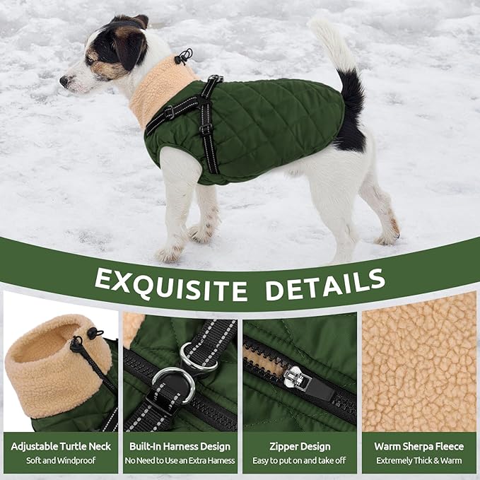 Queenmore Dog Winter Jacket, Dog Coats for Large Dogs, Warm Cozy Pet Jacket Winter with Harness Built in, Waterproof Pet Snow Jacket, Thick Fleece Lining Snowsuit for Large Dogs, ArmyGreen L