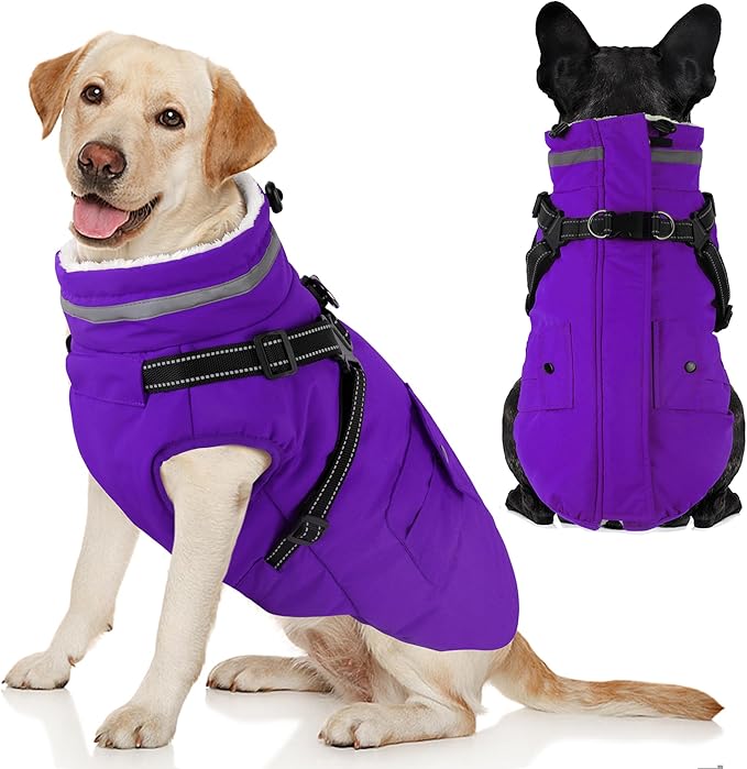Dogcheer Dog Coat with Harness, Waterproof Warm Dog Winter Jacket with Pockets, Reflective Pet Fleece Jacket Turtleneck Snowsuit for Small Medium Large Dogs - Purple, L