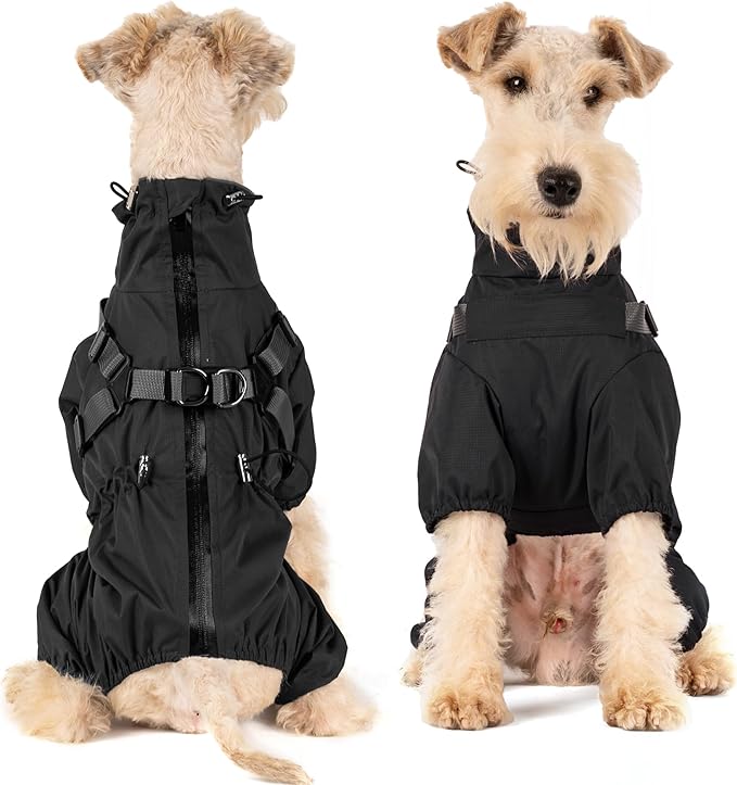 Mile High Life Waterproof Dog Raincoat, Full Coverage Small Dog Rain Coat with Harness, Adjustable 4 Legs Puppy Rain Jacket with Reflective Strip and Elastic Cuffs (Black, L Back Length 16.1")