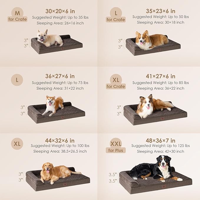 EHEYCIGA Memory Foam Dog Bed Large Sized Dogs, Waterproof Dog Bed Orthopedic with Washable Removable Cover, Non-Slip Pet Bed Couch, 36x27x6 Inches, Brown