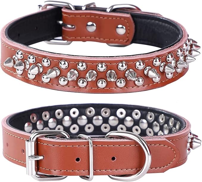 Adjustable Genuine Leather Spiked Studded Dog Collars for Small Medium Large Pets Like Pit Bull Bulldog Pugs Husky (S, Brown)