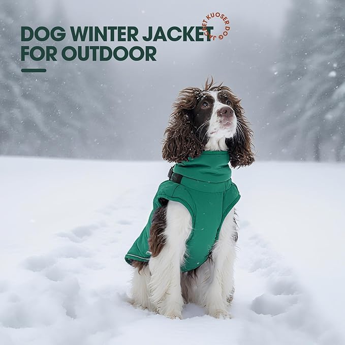 Kuoser Dog Jacket, Coat for Large Dogs with Harness Built-in, Thick Vest with Leash Hole, Cold Weather Snow Jacket for Labrador Beagle, Green XL