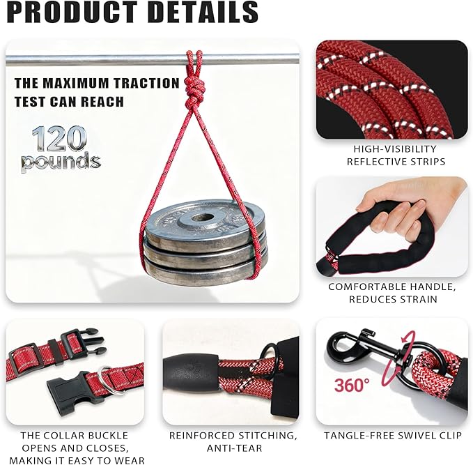 Nylon Dog Leash for Medium Large Dogs, 5-FTReflective Heavy Duty Leash with Comfortable Handle & Poop Bag Dispenser Ring, 1/2 Inch Wide, Secure Reinforcement for Walking (Red, L)