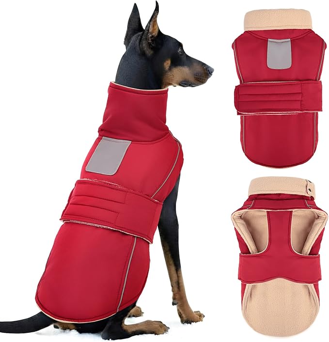 ASENKU Warm Dog Coat, Waterproof Dog Jackets for Medium Dogs with Reflective Fleece Vest Turtleneck with Button, Windproof Cold Weather Coats for Small Medium Large Dogs, Dark Red, M