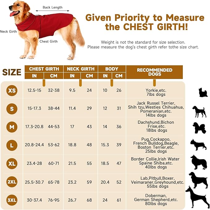 Fleece Dog Coat Pet Jacket Reflective for Cold Weather for Extra Large to Small Pets(Red,XL)