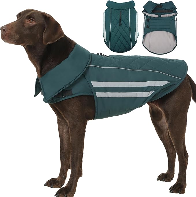Dog Coat for Large Dogs Winter Waterproof Dog Jacket with Harness Reflective Turtleneck Hook & Loop Snowsuit Warm Fleece Snow Jackets Thermal Cold Weather Coats, Green 3XL