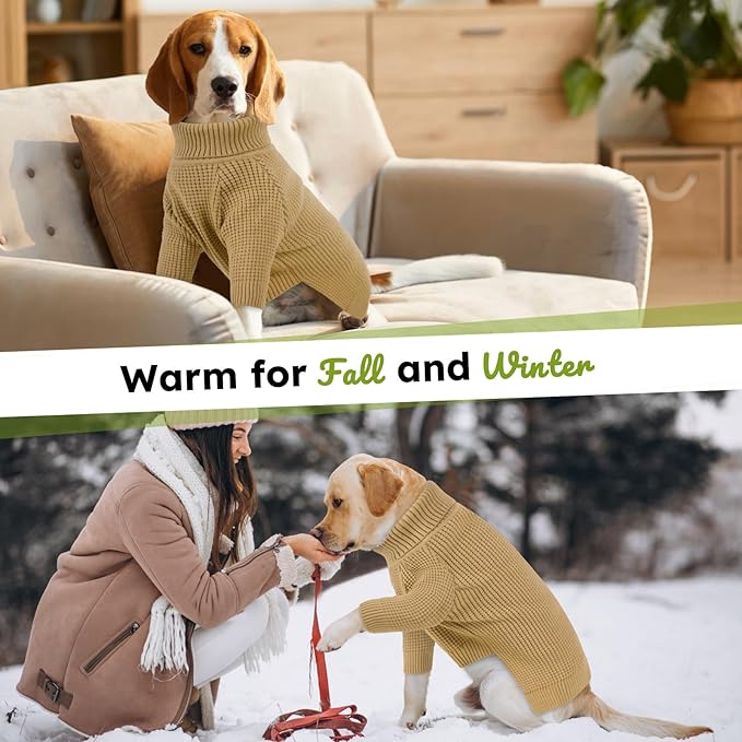 Queenmore Dog Sweater, Turtleneck Long Sleeve Knitted Dog Sweater with Check Pattern, Fall Winter Warm Pet Sweaters, Solid Pull-on Pet Sweater for Cats, Brown XS