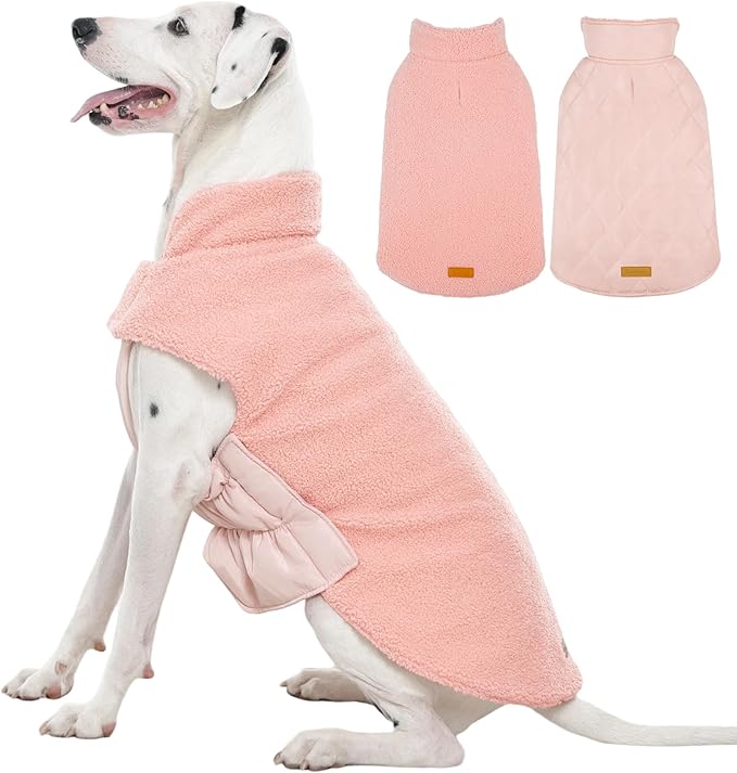Kuoser Reversible Dog Coat – Warm Fleece & Quilted Waterproof Dog Jacket, Double-Sided Cold Weather Dogs Winter Coat with Harness Hole, Windproof Pet Snow Vest for Small Medium Large Dogs, Pink XL