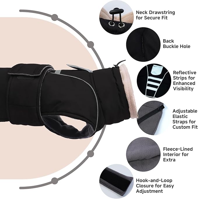Dog Winter Coat for Small to Large Dogs(XS-XXXL)– Waterproof Windproof Fleece Lined Jacket with Reflective Trim,Pet Vest with Adjustable Buckles, Machine Washable Black XS
