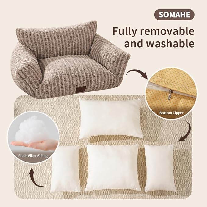 Cozy Couch for Cats Fluffy Pet Sofa with Premium Soft Fleece Fuzzy Cat Beds for Indoor Cat with Removable Washable Cover Supportive Pet Bed 24×18inch Beige