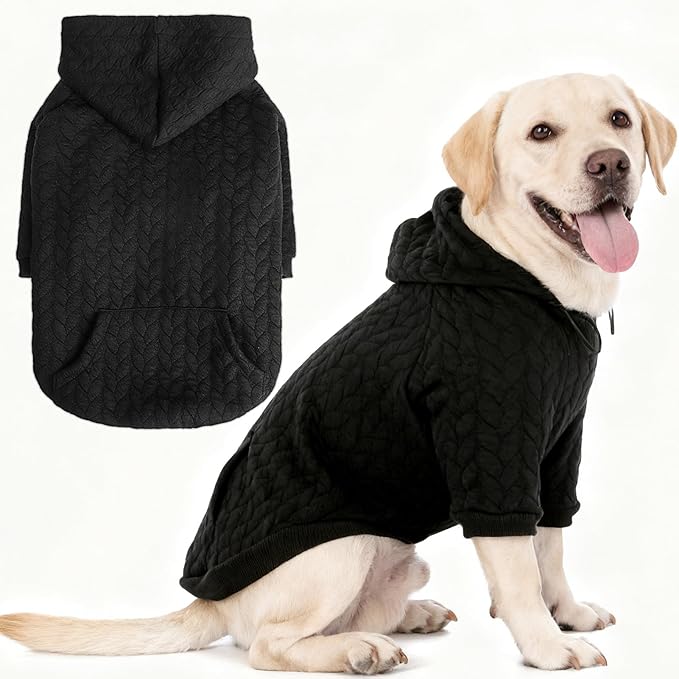 EXPAWLORER Textured Cable Knit Basic Dog Hoodie, Elevated Style Dog Sweater with Leash Hole and Pocket, Soft and Warm Pet Winter Coat, Cold Weather Clothes for Small Medium Large Dogs Cats,Black XL