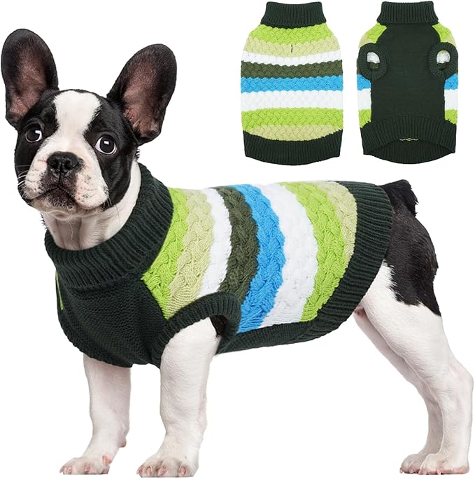 Kuoser Dog Sweater, Warm Dog Sweaters for Small Dogs Pet Christmas Clothing, Classic Cable Knitwear Cold Weather Thermal Pullover for Pug Dachshund Yorkie, Soft Puppy Turtleneck Sweatshirt, Green S