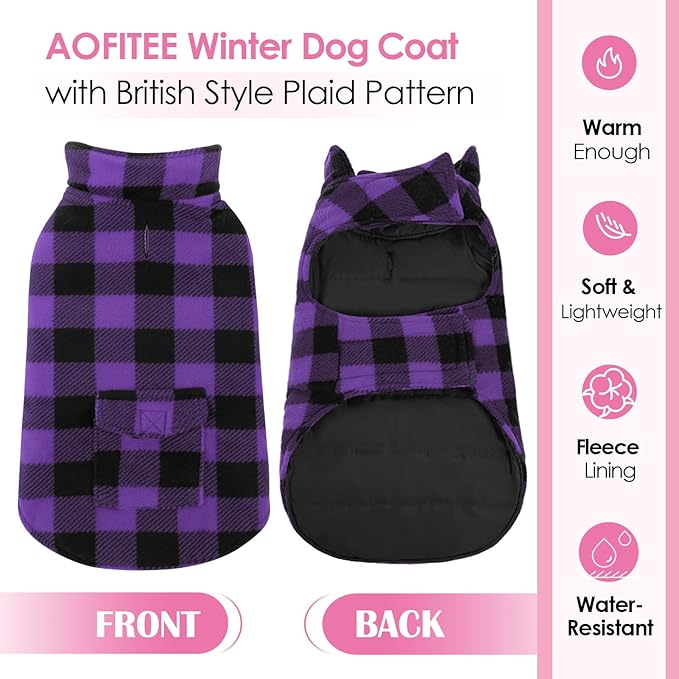 AOFITEE Dog Coat Plaid Dog Winter Coat for Small Dogs, Warm Dogs Jacket Christmas Sweater, Waterproof Pet Puffer Jacket, Reversible Pet Cold Weather Coats for Small Medium Large Pets, Purple M