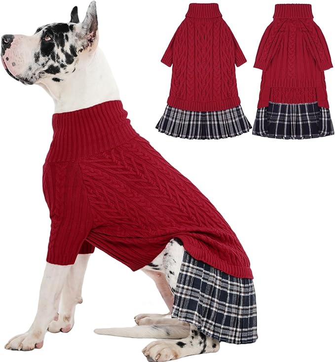 IECOii Girl Dog Sweater Dress, Great Dane Sweaters for Girl Dogs, Red,5XL, Extra Large Dog Sweater for Female Dogs Pet Winter Dress for Giant Breeds - Xmas Turtleneck Knitwear for Cold Weather